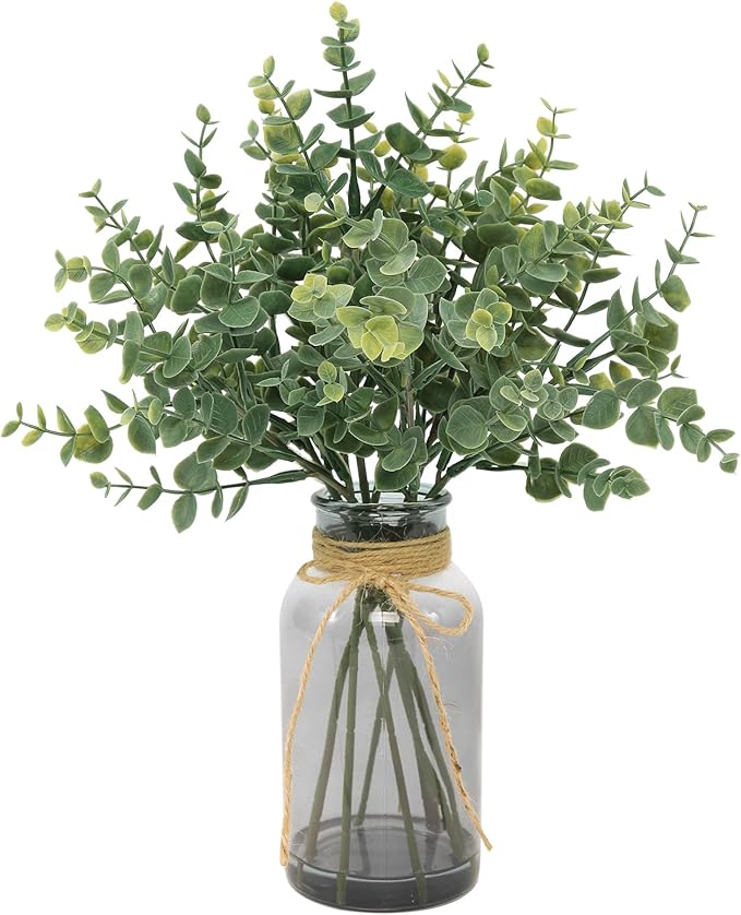 Eucalyptus Stems in Glass Vase with Faux Water, 14" Eucalyptus Fake Plants for Home Bathroom Office Kitchen Farmhouse Shelf Centerpiece Coffee Table Decor(Gray Vase)