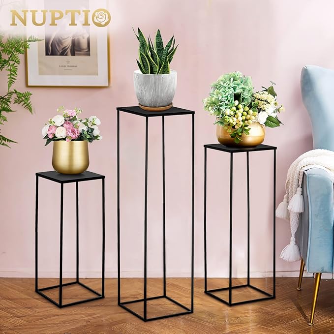 Nuptio Black Vase for Wedding Centrepieces: 3 Pcs Tall Plant Stand Flower Vases Large Metal Display Table Column Rack Geometric Centre Pieces for Home Birthday Party Decorations(23.6/31.5/39.4in)