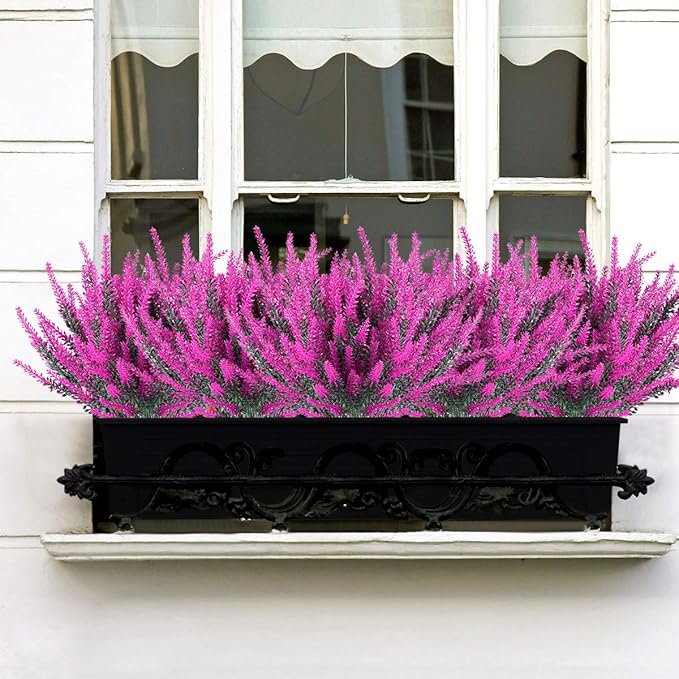 20 Bundles Artificial Lavender Flowers Outdoor UV Resistant Fake Flowers No Fade Faux Plastic Plants Garden Porch Window Box Decorating(Classic Fushia)