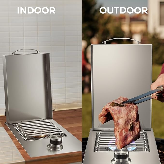 VEPURLT Outdoor Grill Drop-in Gas Single Side Grill Burner, 304 Stainless Steel, Natural Gas Built-in Side Burner