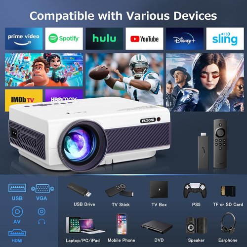 FUDONI 1080P WiFi Bluetooth Projector - Full HD Portable Outdoor Movie Projector | Built-in Speaker, Max 300" Screen
