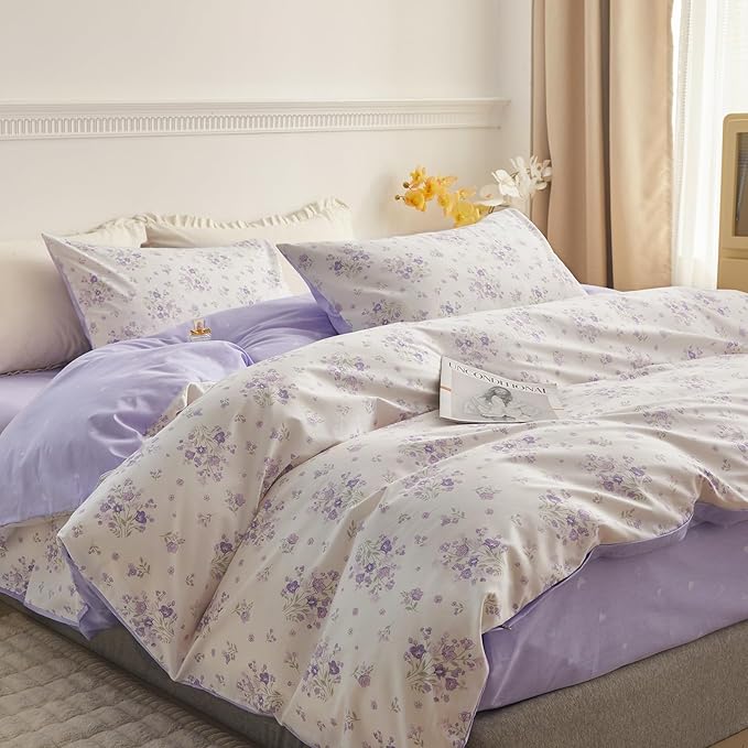 VM VOUGEMARKET Girls Duvet Cover with Purple Flower 100% Cotton Elegant Lavender Floral Bedding Set Queen Cottagecore Comforter Cover Set