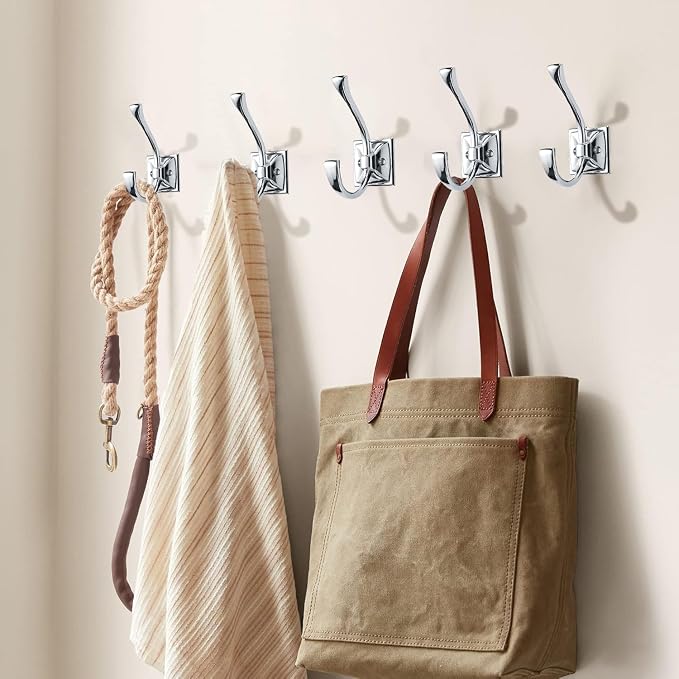 Large Wall Hooks 5 Pack Polished Chrome Coat Hardware for Hanging 4.35 Inch Double Robe Wall Mounted With Screws for Key, Towel, Bags, Cup, Hat