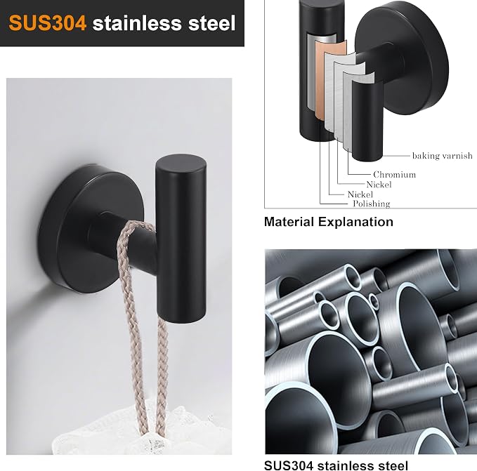 Nolimas Towel Coat Hook Matte Black SUS304 Stainless Steel Bathroom Clothes Cabinet Closet Sponges Robe Hook Wall Mounted Round Kitchen Heavy Duty Door Hanger 6 Packs