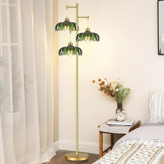 QIYIZM Glass Floor Lamp for Living Room,Bedroom,Mid Century Modern Standing Lamp Brass Tree 3 Light Tall Floor Lamps Vintage Retro Floor Lights Gold Green Flower Lamp Shade Farmhouse Boho Bohemian