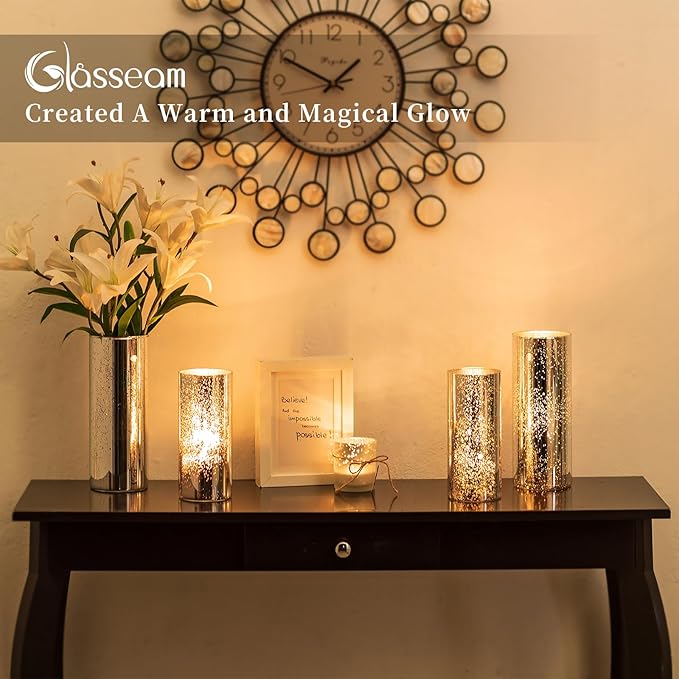 Silver Mercury Glass Cylinder Vase: Set of 12 Glasseam Floating Candle Vases for Centerpieces Deocrative Modern Vase for Flowers Hurricane Pillar Candle Holders for Table Centerpiece Wedding Decor