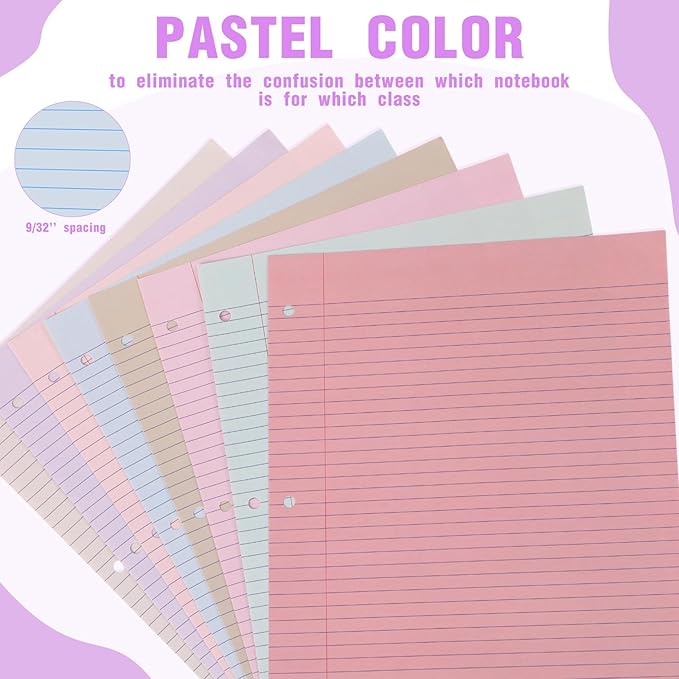 PerKoop 400 Sheets Colored Loose Leaf Paper 8.5" x 11" college ruled Lined 3 Hole Punched notebook Filler Paper for 3 Ring Binders Office School Supplies (Gentle Colors)