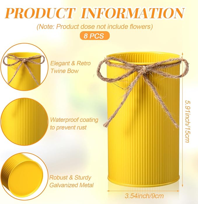 Domensi 5.91 in High Farmhouse Vase Decor Galvanized Metal Flower Vase with Twine Bow Vintage Rustic Tin Flower Buckets for Artificial Floral Table Container DIY(Yellow, Orange,8 Pcs)