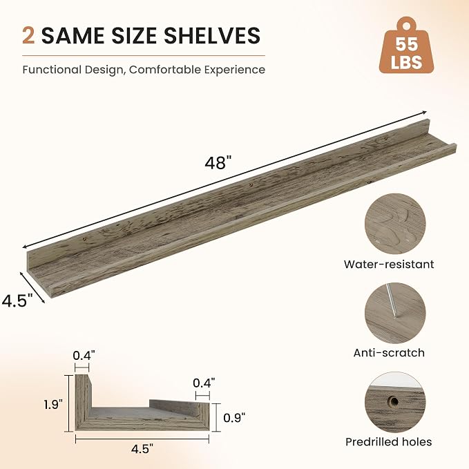 Dreamland Picture Ledge Shelf for Wall, Floating Shelves Set of 2,48 inch Long Floating Shelves with Lip for Living Room,Bedroom,Bathroom,Kitchen,Grey