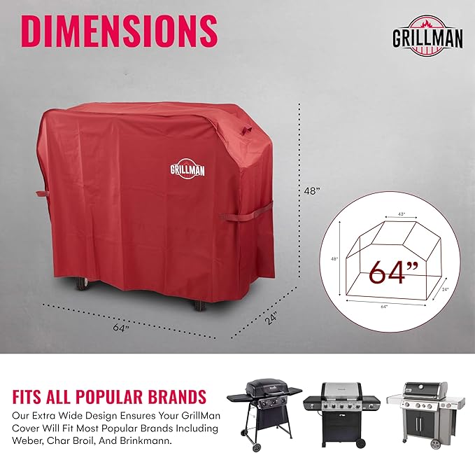 Grill Cover by Grillman, Red, 64 Inch, BBQ Outdoor Grill Covers, Charcoal & Gas Grills, Waterproof, Rip-Proof, Weather-Resistant, Anti-UV, Barbecue Cover for Weber, Genesis, Charbroil, Nexgrill, etc