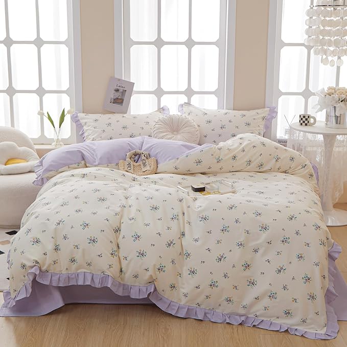 VM VOUGEMARKET Girl's Floral Comforter Set Full Princess Style Ruffle Bedding Comforter Sets,Vintage Farmhouse Purple Flower Comforter with 2 Pillowcases for All Seasons(3pcs,Full)