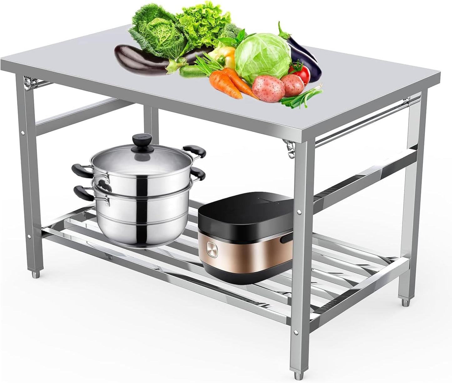 Stainless Steel Commercial Work Table - Heavy Duty 48" x 24" Folding Prep Table with Adjustable Undershelf