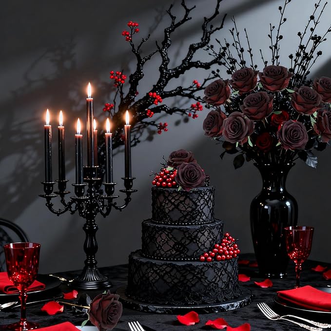 50pcs Artificial Roses Flowers in Bulk,Realistic Silk Fake Rose with Long Stem for Wedding Centerpieces Bouquet Party Floral Arrangement Home Decoration (Black&Red)