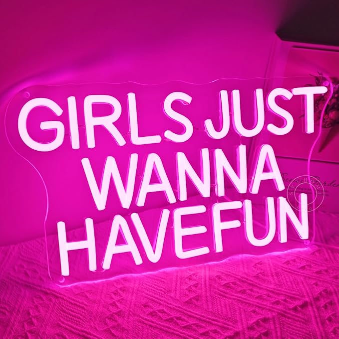 SYLHOME Pink Led Neon Light Sign Girls Just Wanna Have Fun Bedroom Girls Room Wall Decor Sign Birthday Wedding Christmas Party Backdrop Sign USB 15"X7.9"