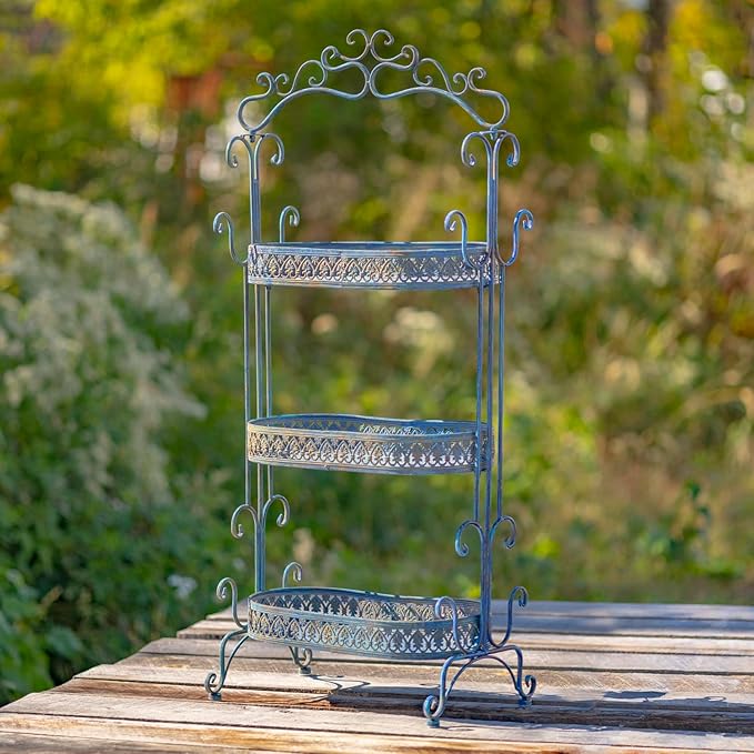 3 Tier Ornate Metal Plant Stand (Cobalt Blue)