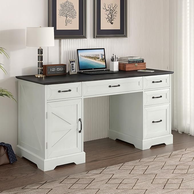Executive Desk, Farmhouse Home Office Desk with Drawers and Storage Cabinet, Wood Computer Desk for Work and Study, Antique White (Style one)