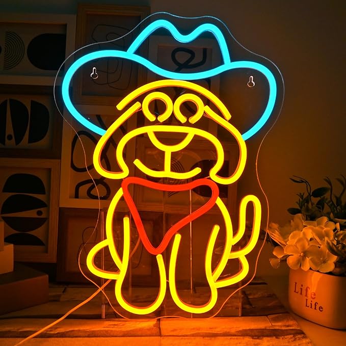 Cowboy Dog Neon Sign for Wall Decor Dog with Cowboy Hat Led Light Sign for Pet Shop,Bedroom,Wall,Home,Western Party Decor Gift for Children Lover Dimmable Animal Neon Signs