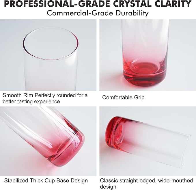 Red Highball Glasses Set of 6,13oz Red Drinking Glass Cups for Mixed Drink Cocktail, Beer, Mojito, Water and Juice,Thick Tall Crystal Glassware for Kitchen, Restaurant, Home Bar and Parties
