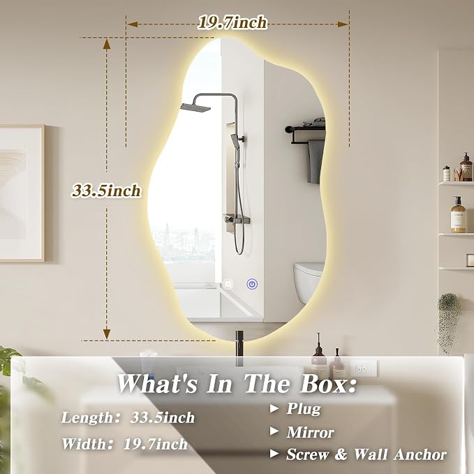 QDSSDECO Irregular LED Bathroom Mirror with Lights,Asymmetrical Led Bathroom Vanity Mirror for Wall with Front and Backlit, Anti Fog, 3 Colors and Dimmable Light, 19.7" x 33.5"