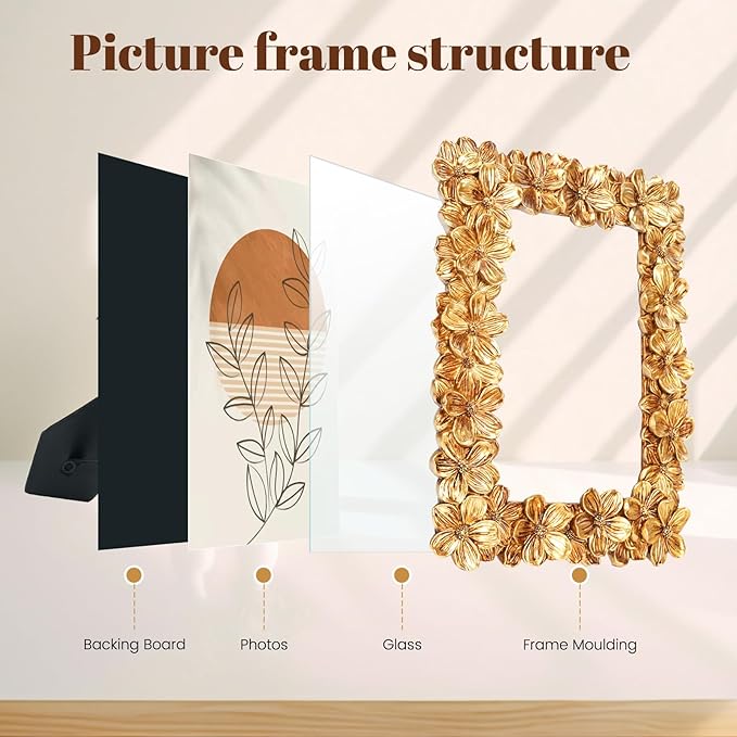 Floral Photo Frame 4x6, Gold Vintage Picture Frames with Carved Flower, Resin Picture Frame with Glass Front, Photos Display for Tabletop or Wall Hanging, Ornate Handmade Photo Frames, Gift Ideas