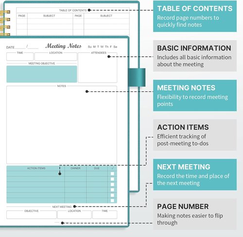 Regolden Meeting Notebook - Action Items & Project Planner | 160 Pages (7”x10”) - Teal for Work & Office