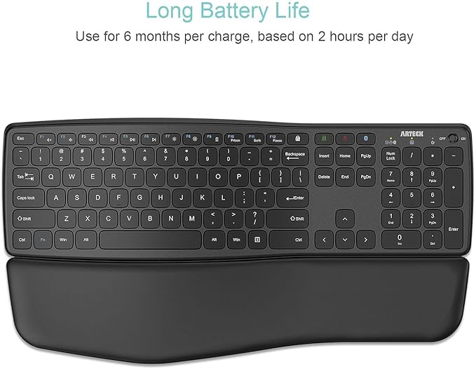 Arteck Multi-Device Comfortable Wireless Bluetooth Keyboard with Nano USB-A, USB-C Type C Receiver Palm Wrist Rest Full Size Keyboard for Windows iPad OS Android, Computer Desktop Laptop PC Tablet