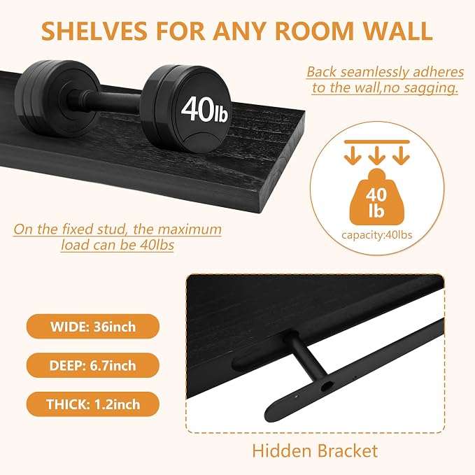 ROGMARS Black Floating Shelves for Wall 36 inch,Rustic Solid Wood Farmhouse Wooden Floating Wall Shelves with Invisible Brackets for Bedroom,Living Room, Kitchen, Bathroom,Set of 4