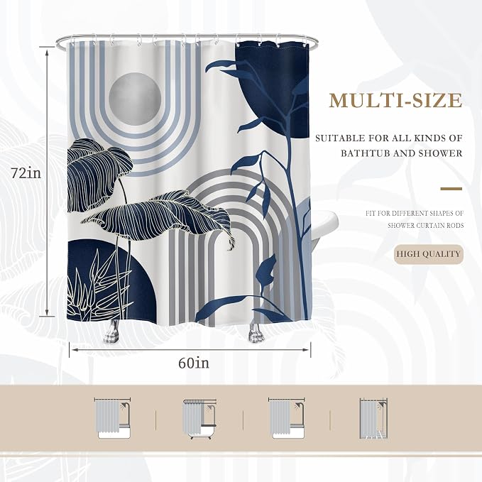 Glawry Mid Century Abstract Shower Curtain Blue Grey Boho Palm Tree Leaf Sun Arch Minimalist Geometric Bathroom Modern Aesthetic 60Wx72L Inches Bath Accessories Art Home Decor Fabric 12 Pack Hook