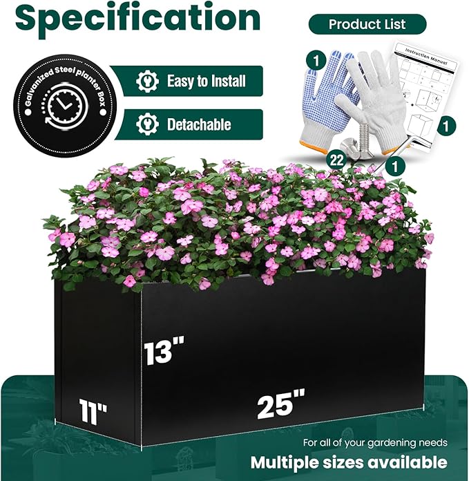 Metal Rectangular Planter Black Galvanized Steel Rectangle Indoor Planter Box Large Outdoor Planters Steel 25" L x 11" W x 13" H Commercial Residential for Patio, Yard, Garden