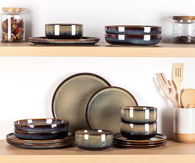 TheTerra Ceramic Dinnerware Sets for 4, 12 Pieces Handmade Reactive Glaze Plates and Bowls Set, Scratch Resistant Dish Set, Oven & Microwave & Dishwasher Safe