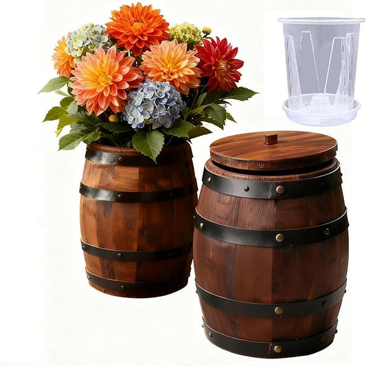 Wood Wine Barrel Vase 6" x 5" – Mini Barrel Rustic Wooden Flower Vase Planter for Wedding Reception, Party Table Decoration,Home Indoor Outdoor Garden, Kitchen,Planting-2pcs (2)