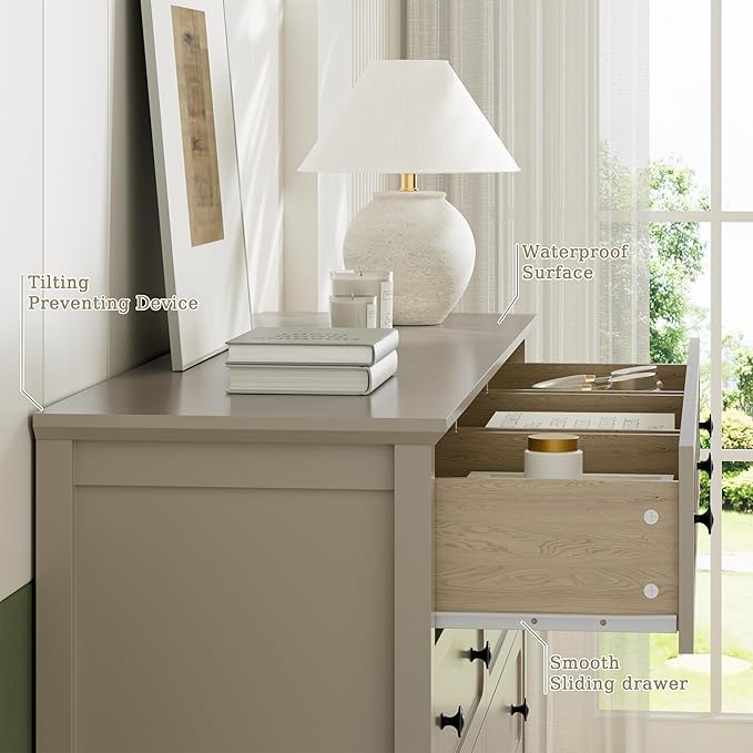 Dresser for Bedoom, Modern Chest of Drawers, Wood 8 Drawer Dresser with Metal Handles, Storage Organizer Wide Dressers for Living Room, Hallway, Entryway, Beige