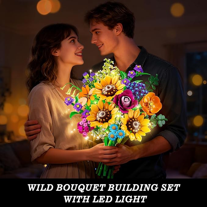 Wild Flowers Bouquet Building Set with Lights - Wildflower 18 Flower Botanicals Collection Building Blocks Sunflower Rose Violet Plants Home Decor Gift for Her Adults Women Girls 12+ (912PCS)