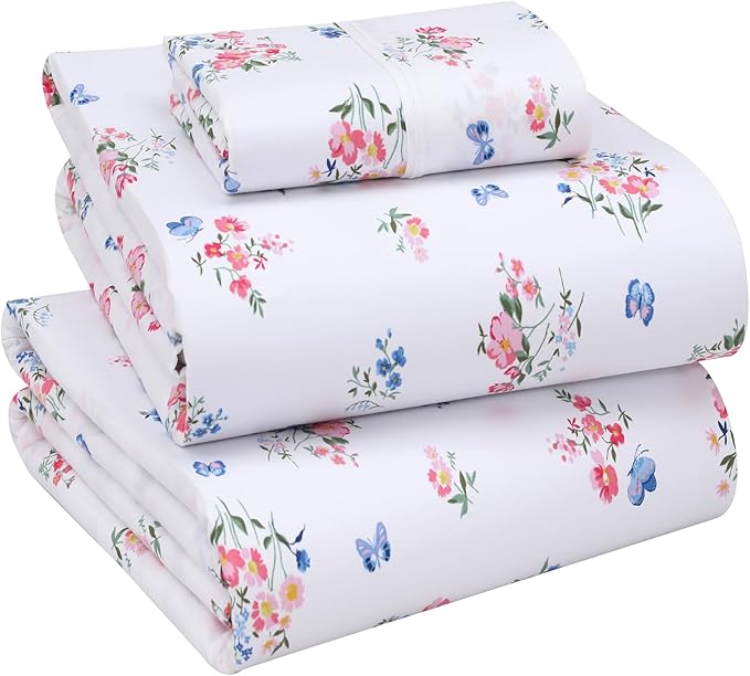 RUVANTI 100% Cotton Twin XL Sheet Sets, 3 Pieces, Soft & Breathable Percale Weave Bedding, Deep Pocket 16", Hotel Standard, Crisp Cool Feel, Durable, Perfect Size Floral Sheets, Funa Flora