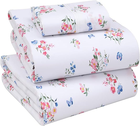 RUVANTI 100% Cotton Twin XL Sheet Sets, 3 Pieces, Soft & Breathable Percale Weave Bedding, Deep Pocket 16", Hotel Standard, Crisp Cool Feel, Durable, Perfect Size Floral Sheets, Funa Flora