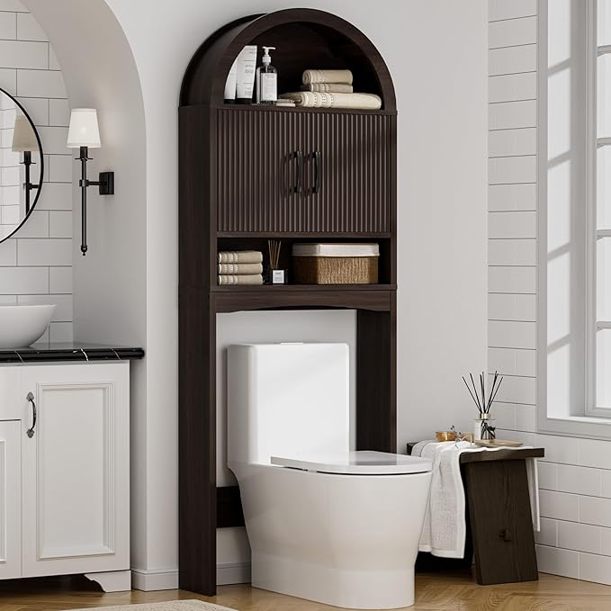 Spurgehom Over The Toilet Storage Cabinet, Bathroom Shelf Organizer Freestanding, Bathroom Arch Cabinet Over Toilet with Toilet Paper Holder and Anti-Tipping Device (Narrow Style-Coffee)