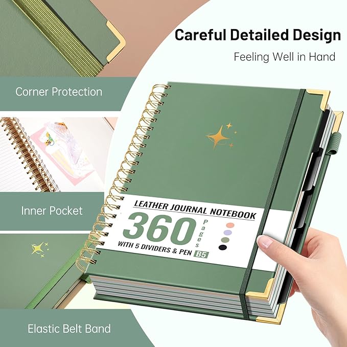 FLYING EAGLE Leather Spiral Notebooks for Work 5 Subject Notebook College Ruled with Dividers Pen, 360 Pages B5 Hardcover Lined Journals for Women Men Writing,Green
