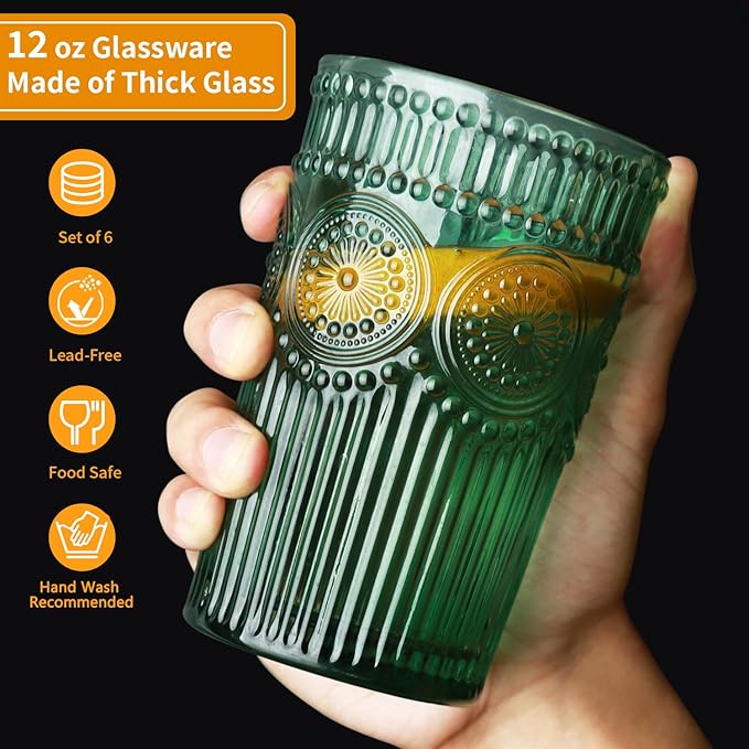 Loivttvv 6pcs Vintage Drinking Glasses Set, 12 oz Dark Green Highball Glasses, Embossed Ribbed Glassware Cups for Cocktail, Water, Juice, Coffee, Whiskey