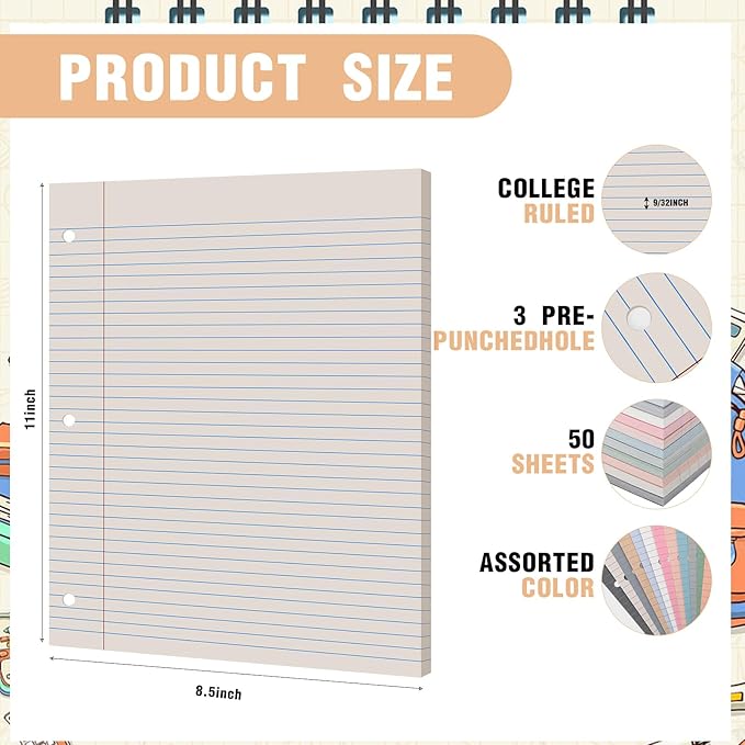 PerKoop 600 Sheets Colored Loose Leaf Paper 8.5" x 11" college ruled Lined 3 Hole Punched notebook Filler Paper for 3 Ring Binders Office School Supplies (Modern Colors)