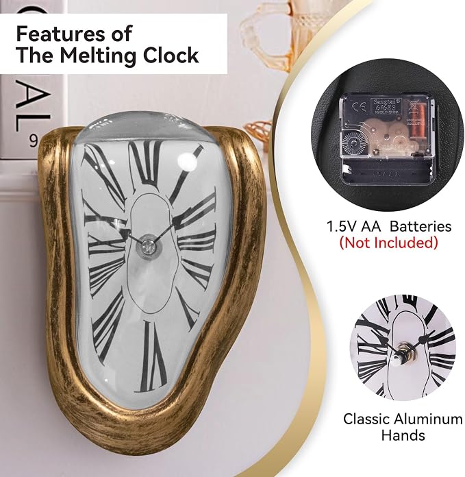 Melting Shelf Clock - Art Decor Salvador Dali Surreal Dripping, 8x4 in Matte Black Gold Anti-Fingerprint Shelf & Desk Gift