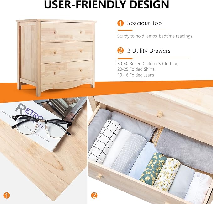VINGLI Unfinished Solid Wood Dresser Color DIY, 3 Drawer Dresser for Bedroom, Natural Rubber Wood Chest of Drawers, Baby Dressers for Bedroom, Nursery, 17.7" D x 31.5" W x 29.9" H
