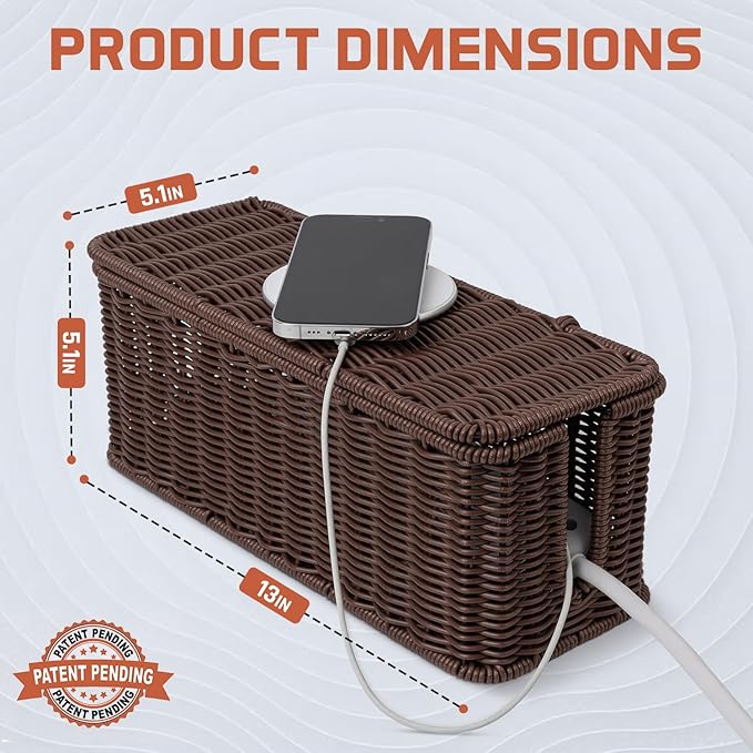 Cable Management Box, Handmade Rattan Cable Organizer, 2 Open Slots Cords Hider Box, Under Desk Cord Organizer for Computer Router USB Hub & Power Strip, Patent Pending, 13" x 5.1" x 5.1", Brown