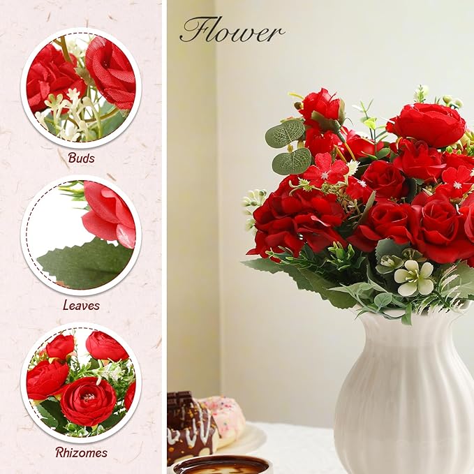 Zeyune 12 Bundles Artificial Peonies Flowers Artificial Silk Rose Faux Dahlia Fake Chamomile Hydrangea Bouquet Bulk for Vase Home Wedding Centerpiece Party Decoration(Red,Scarlet)