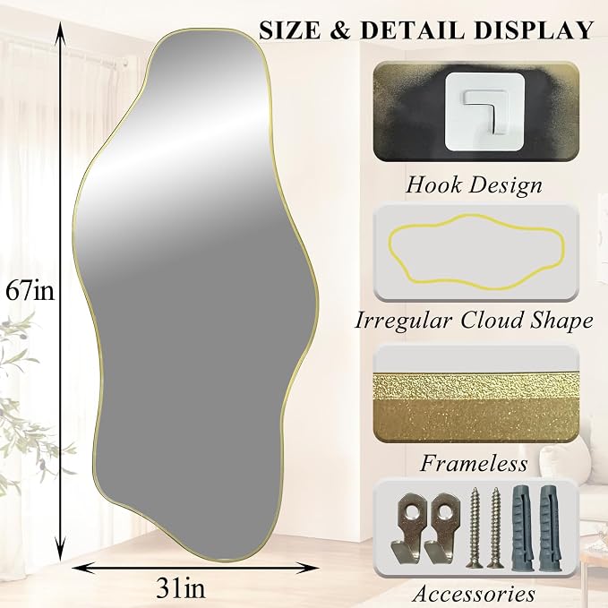 Irregular Full Length Mirror, 67"x31" Large Asymmetrical Tempered Glass Mirror, Gold Organic Frameless Wall Mirrors for Entryway Hallway Bedroom Living Room, Horizontal or Vertical Hanging