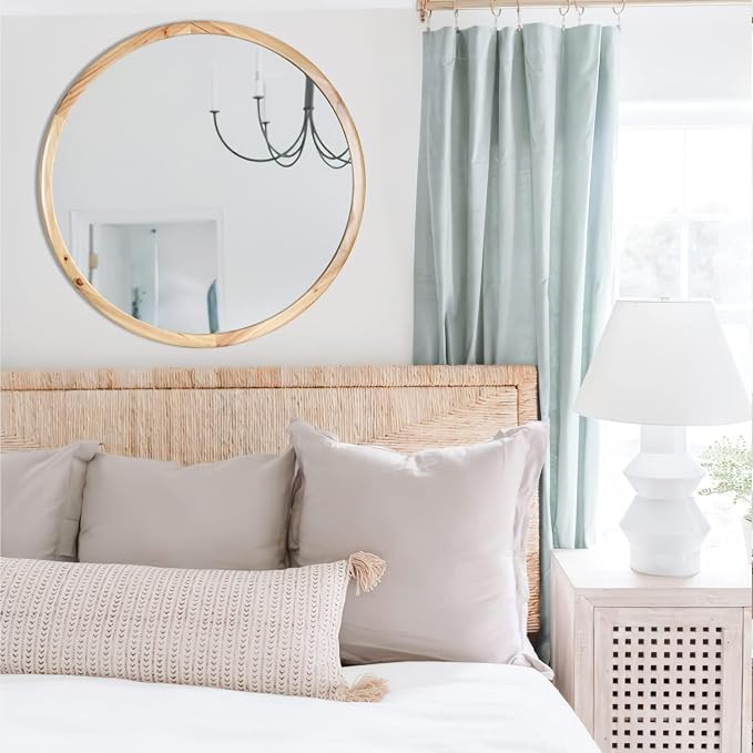 Round Wood Mirror,32 inch Circle Wooden Natural Large Farmhouse Vanity Boho Decor Wall Mirror for Bathroom Bedroom Living Room Hallway