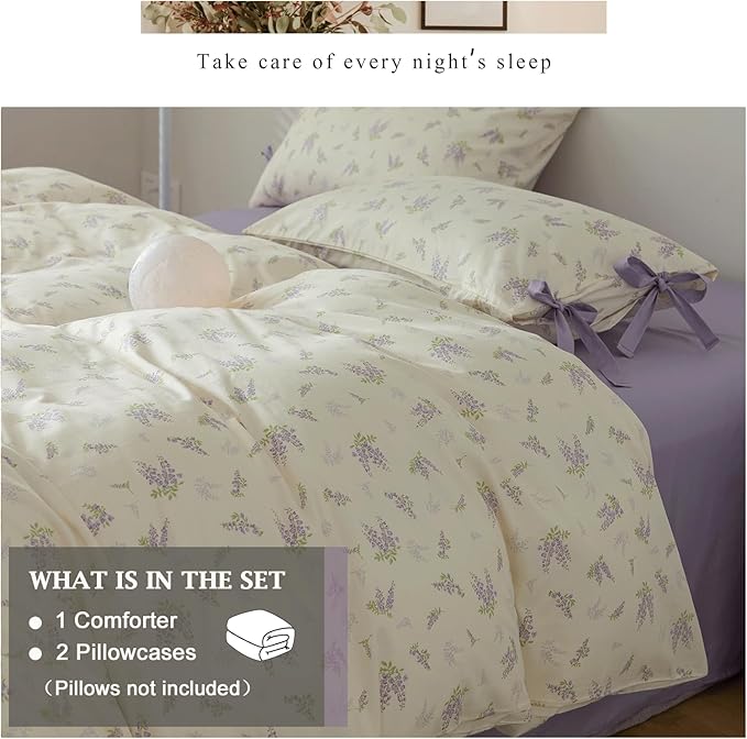 VM VOUGEMARKET Vintage Flower Comforter Set Full Girl's Cute Purple Floral Bed Comforter,Farmhouse Comforter with 2 Pillowcases for All Seasons(3pcs,Full)