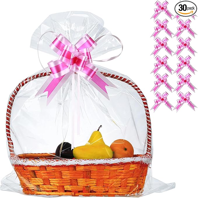 30 Packs 32 x 40 Inches Extra-large Gift Wrap Cellophane Bags for Basket Jumbo Clear Cellophane Wraps Clear Huge Cello Bags for Basket, Gift, Christmas Tree, Art and Craft, 30ct Rose Pink Ribbon Bows