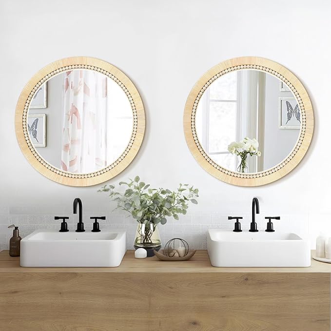 ULIKE Rattan Wicker Mirror for Bathroom, 24 Inch Boho Woven Decorative for Wall, Rustic Farmhouse Vanity Mirror, Round Rattan Mirrors for Living Room Entryway Bathroom Bedroom