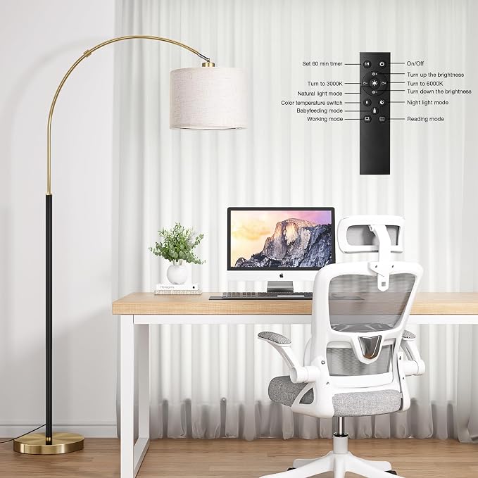 Ambimall Dimmable Arc Floor Lamp with Remote, Color Temperatures and Brightness Adjustable, Arched Floor Lamp with Rotating Head, Over Couch Arched Reading Light for Living Room (Black and Bronze)