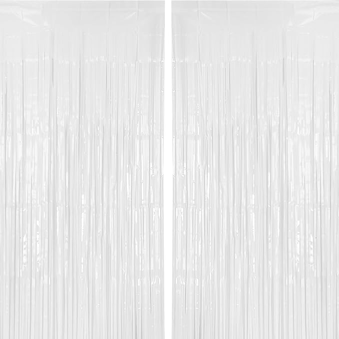 2 Pack 3.2 ft x 8.2 ft White Tinsel Curtain Party Backdrop Decorations, Metallic Foil Fringe Curtain for Wedding Parties Door Streamers Christmas Birthday Bachelorette Photo Booth Party Decor